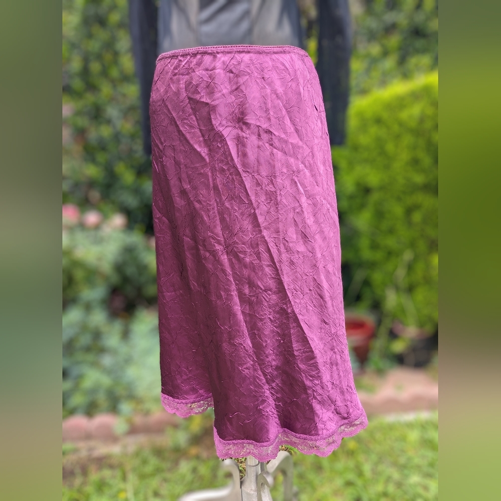 90s Vintage Crushed Satin Slip Midi Skirt Amethyst Purple Lace Trim Y2K